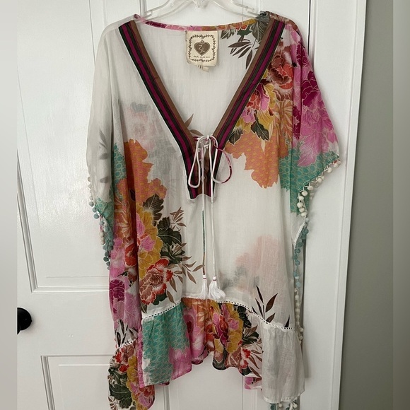 Z & L Europe Boho Floral Pom-Pom Caftan Kimono Coverup size OS Beach Vacation - Picture 4 of 16